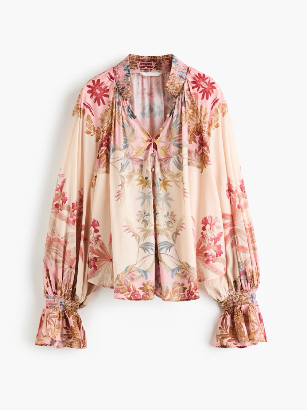 BUTTON-FRONT BALLOON-SLEEVED BLOUSE